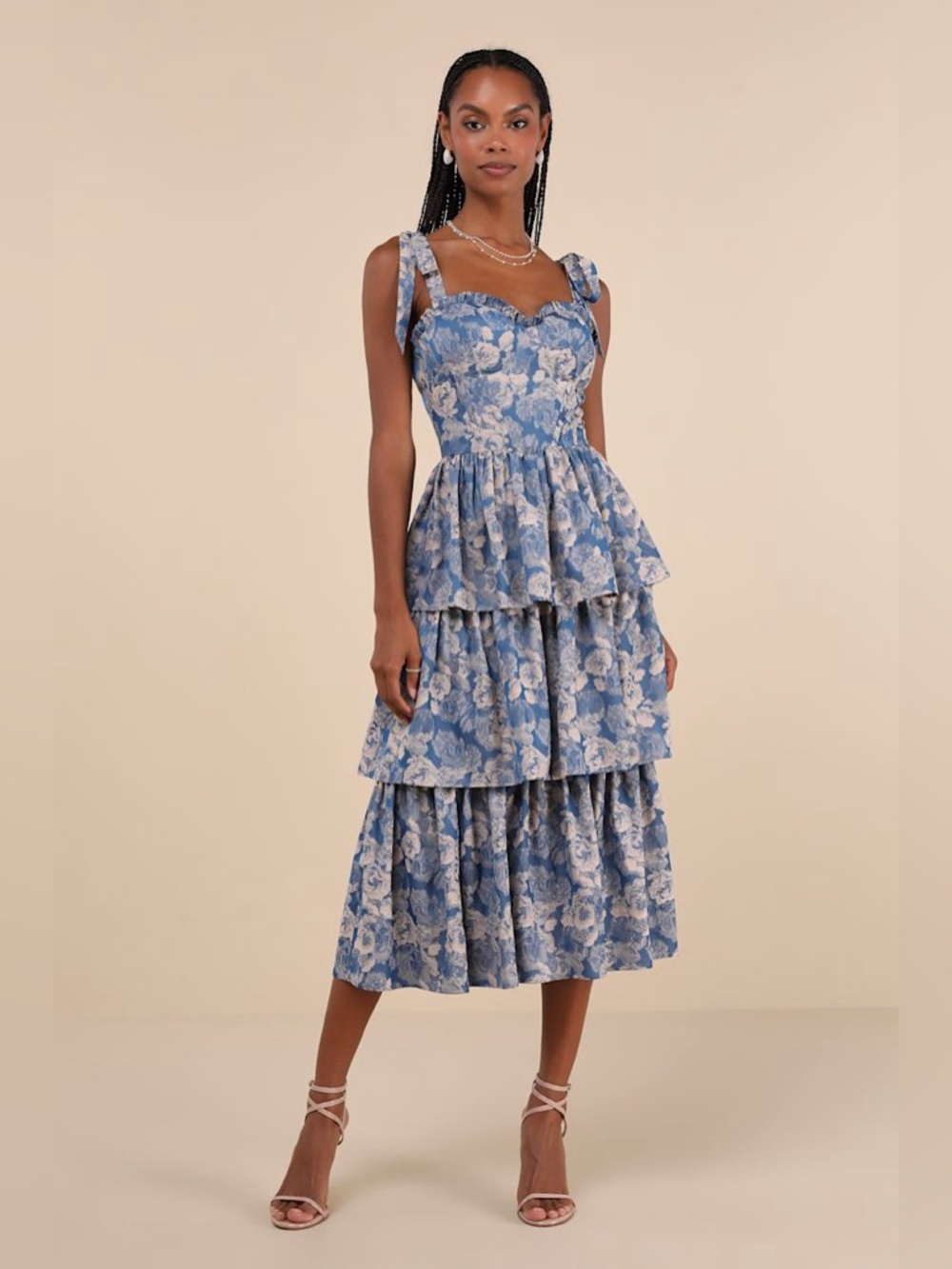 Lulus Lovely Bliss Blue Floral Jacquard Strapless Bustier Midi Dress - Size M